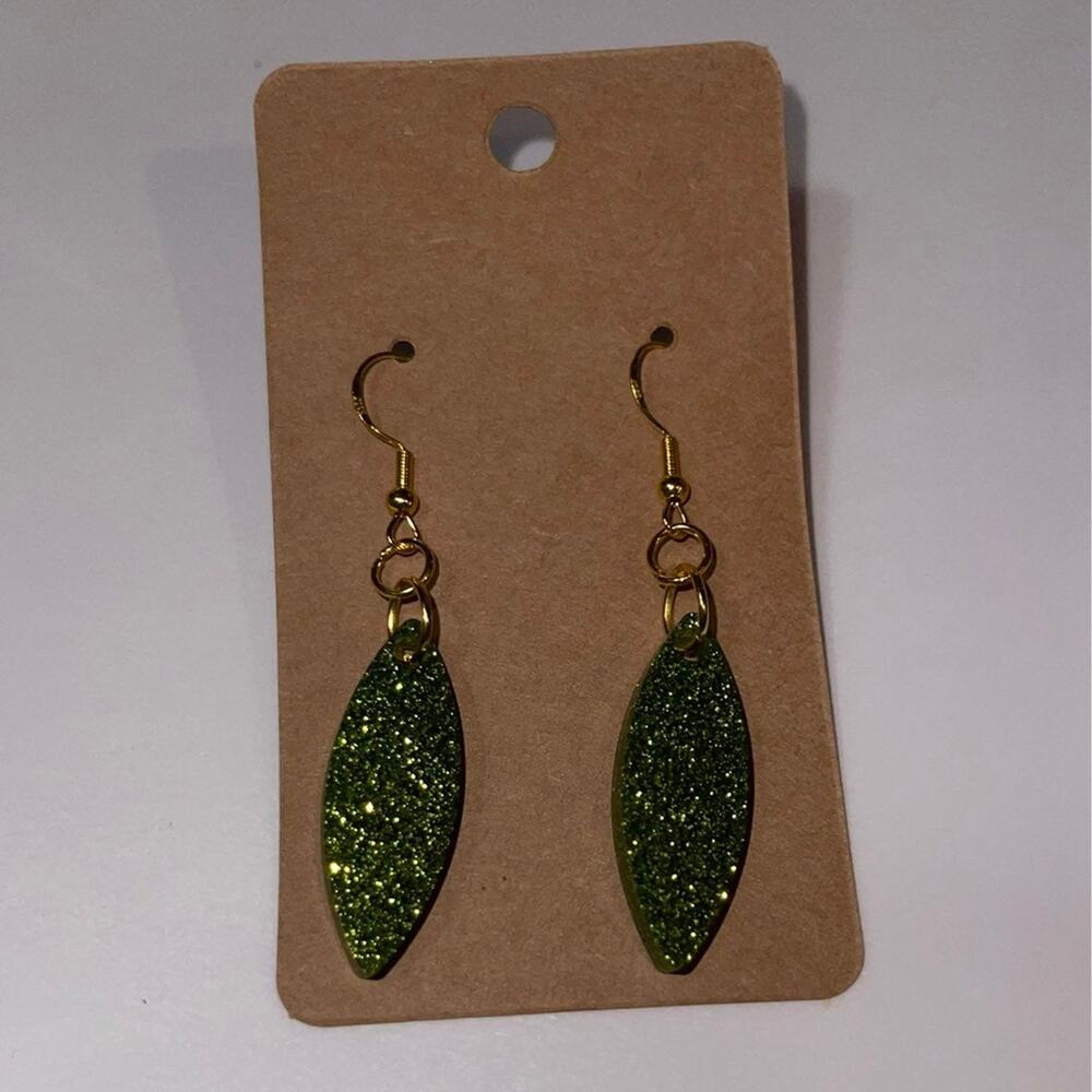 Handmade epoxy resin pointed oval shape earrings - lime green glitter